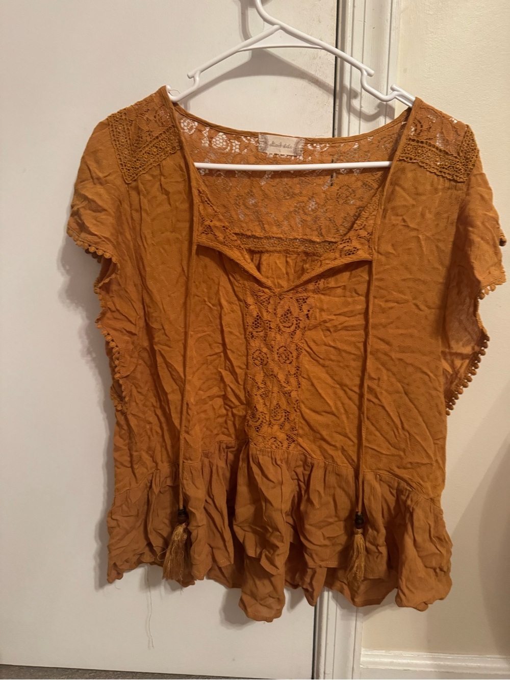 Altar'd State Mustard Lace-Paneled Peasant Blouse